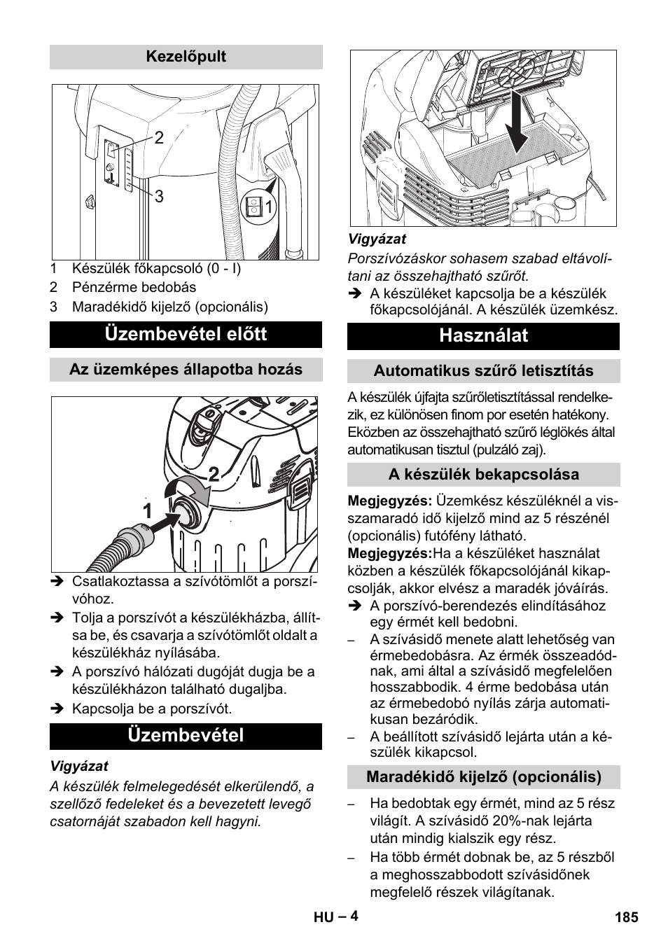 Üzembevétel előtt, Üzembevétel használat | Karcher SB V1 Eco User Manual | Page 185 / 356