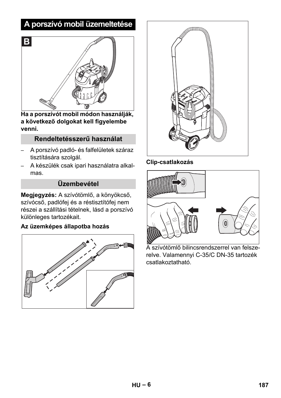 A porszívó mobil üzemeltetése | Karcher SB V1 Eco User Manual | Page 187 / 356