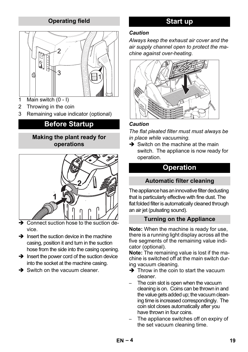 Before startup, Start up operation | Karcher SB V1 Eco User Manual | Page 19 / 356