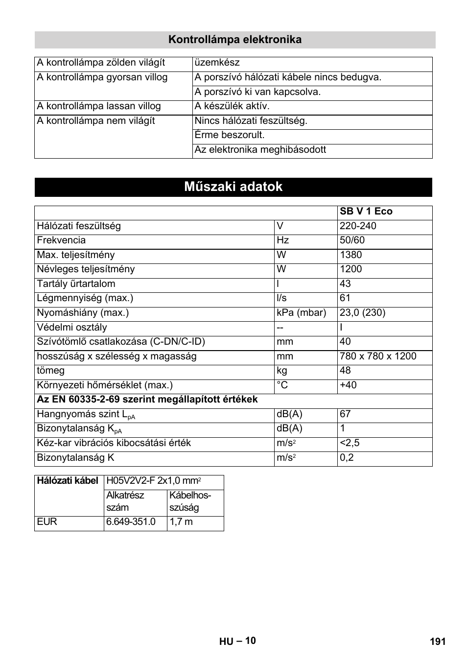 Műszaki adatok | Karcher SB V1 Eco User Manual | Page 191 / 356