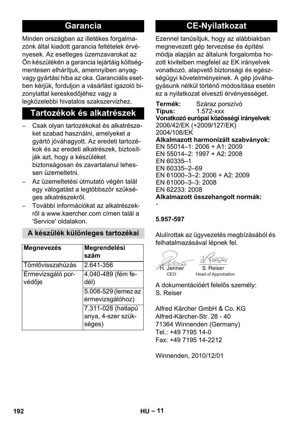 Garancia tartozékok és alkatrészek, Ce-nyilatkozat | Karcher SB V1 Eco User Manual | Page 192 / 356