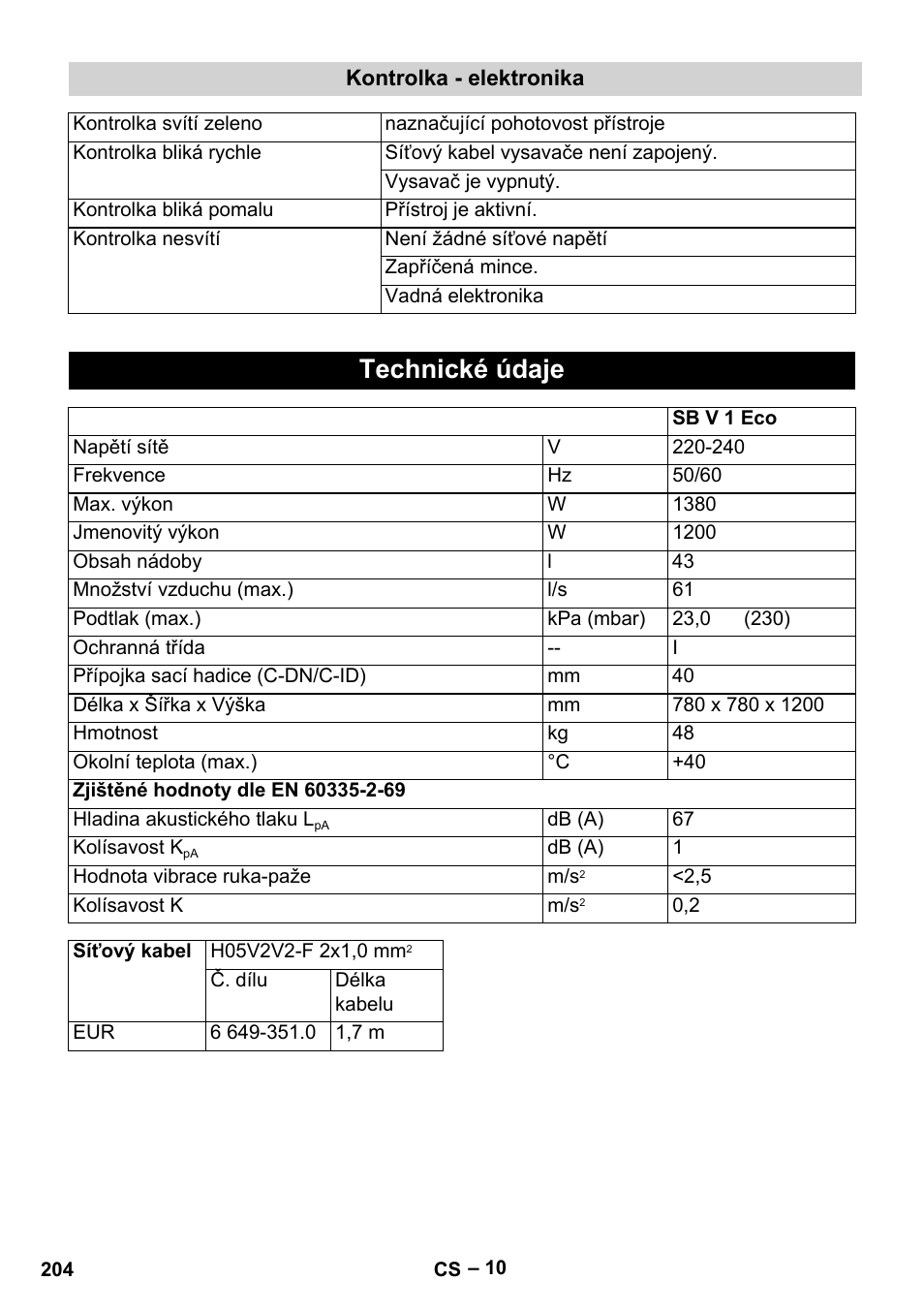 Technické údaje | Karcher SB V1 Eco User Manual | Page 204 / 356