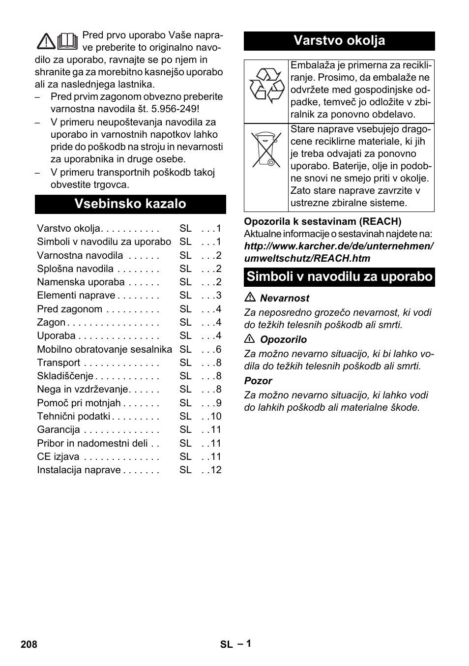 Slovenščina, Slovenšina, Vsebinsko kazalo | Varstvo okolja, Simboli v navodilu za uporabo | Karcher SB V1 Eco User Manual | Page 208 / 356