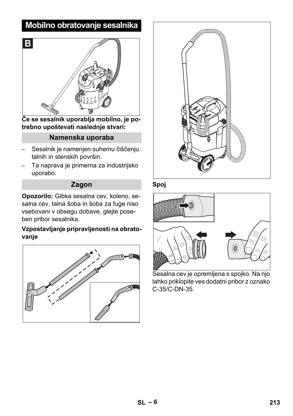 Mobilno obratovanje sesalnika | Karcher SB V1 Eco User Manual | Page 213 / 356
