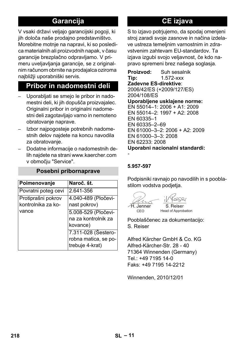 Garancija pribor in nadomestni deli, Ce izjava | Karcher SB V1 Eco User Manual | Page 218 / 356