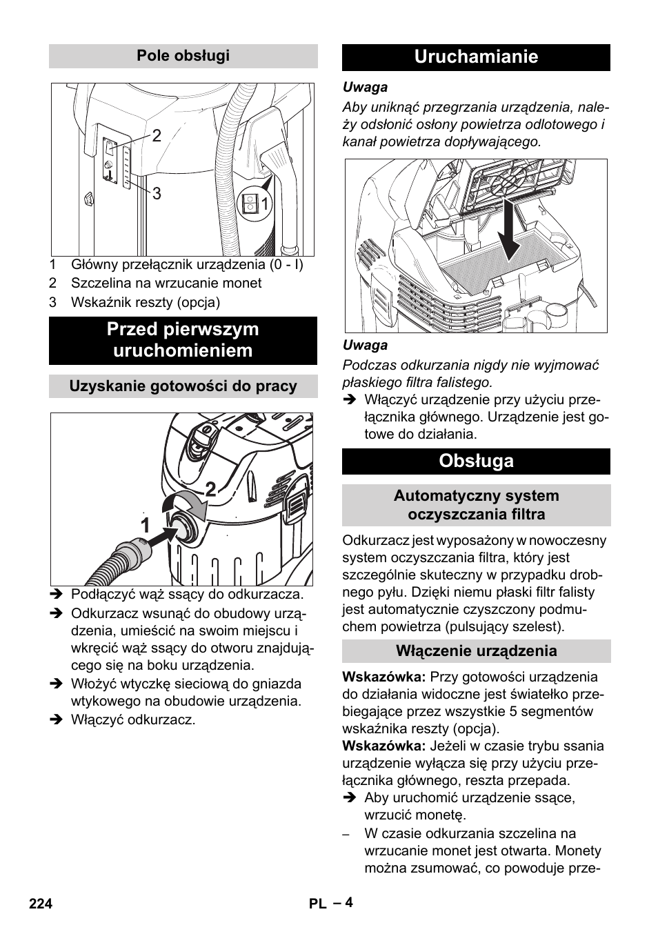 Przed pierwszym uruchomieniem, Uruchamianie obsługa | Karcher SB V1 Eco User Manual | Page 224 / 356