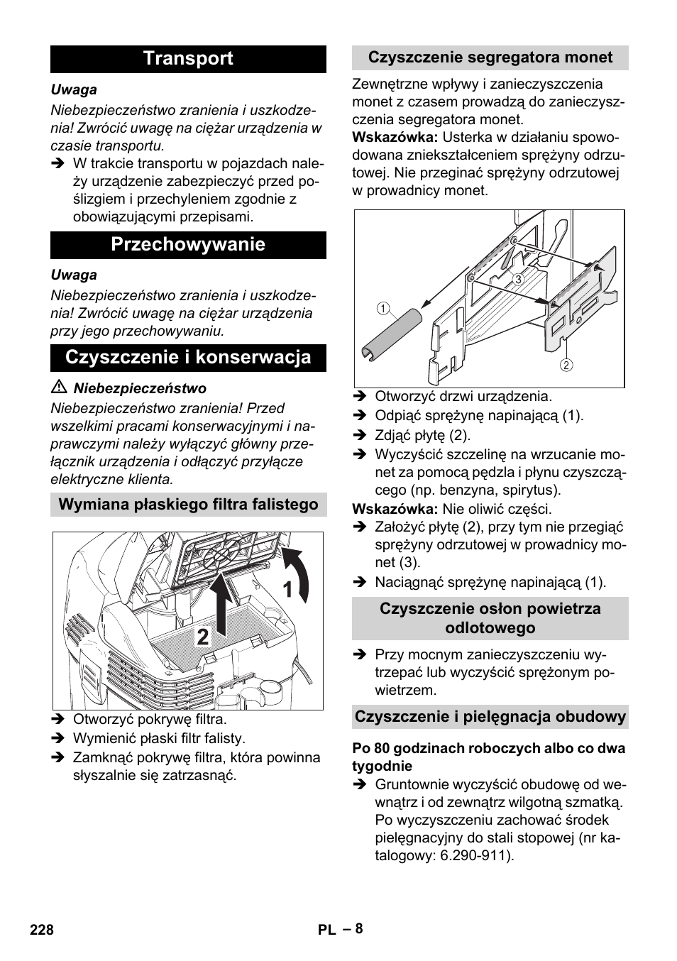 Transport przechowywanie czyszczenie i konserwacja | Karcher SB V1 Eco User Manual | Page 228 / 356