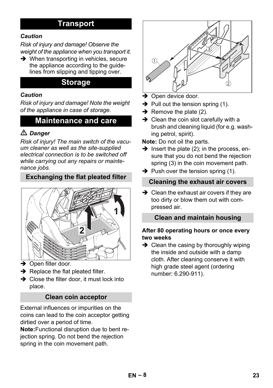 Transport storage maintenance and care | Karcher SB V1 Eco User Manual | Page 23 / 356