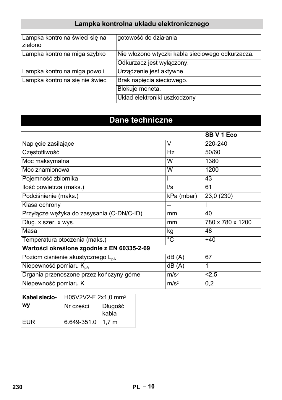 Dane techniczne | Karcher SB V1 Eco User Manual | Page 230 / 356