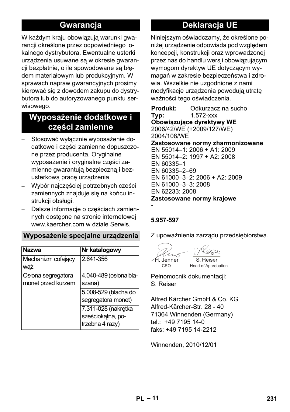 Gwarancja wyposażenie dodatkowe i części zamienne, Deklaracja ue | Karcher SB V1 Eco User Manual | Page 231 / 356