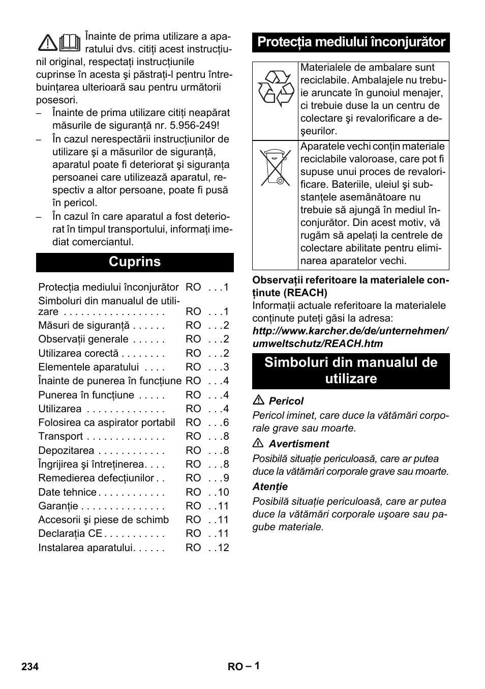 Româneşte, Românete, Cuprins | Protecţia mediului înconjurător, Simboluri din manualul de utilizare | Karcher SB V1 Eco User Manual | Page 234 / 356