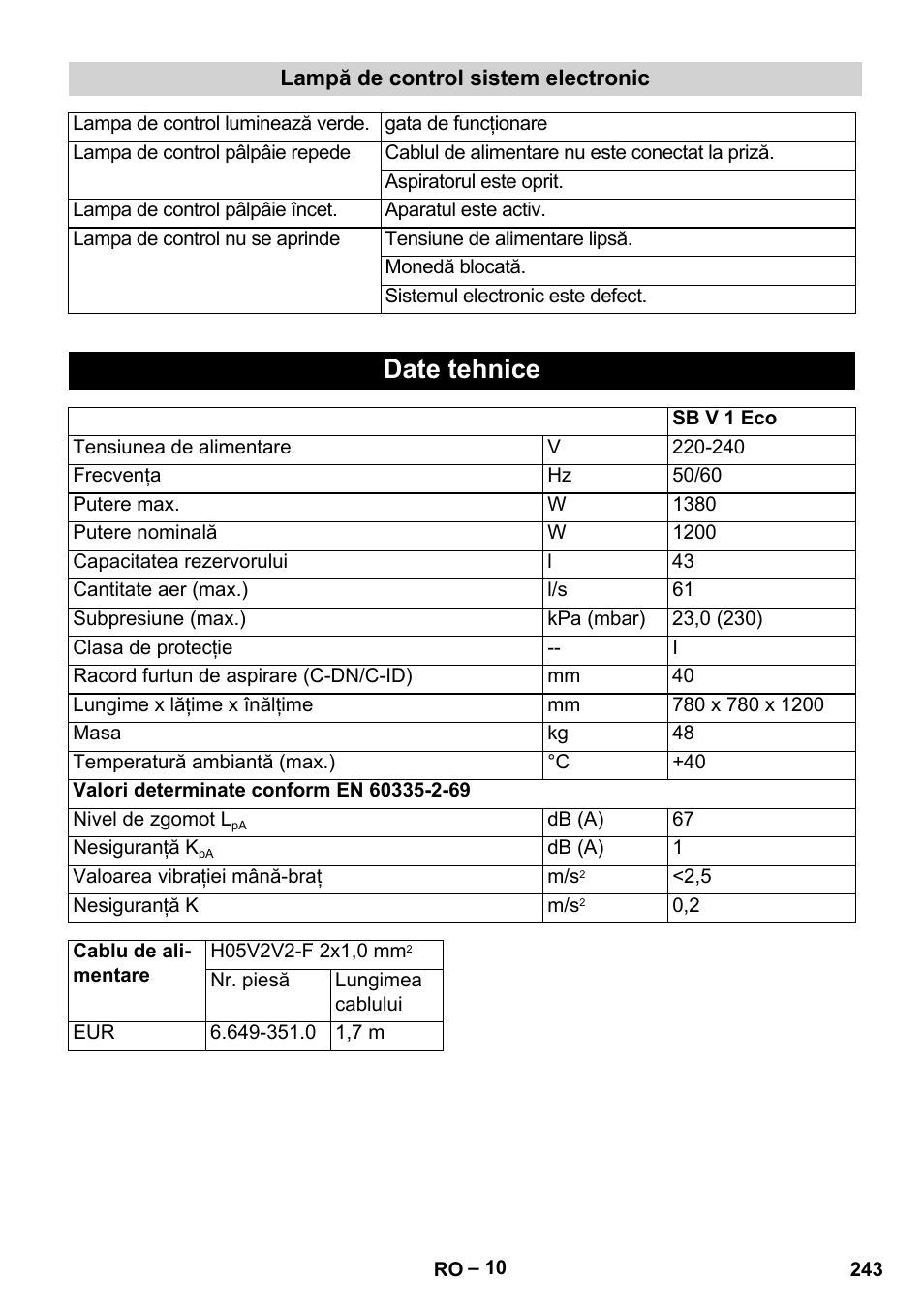 Date tehnice | Karcher SB V1 Eco User Manual | Page 243 / 356