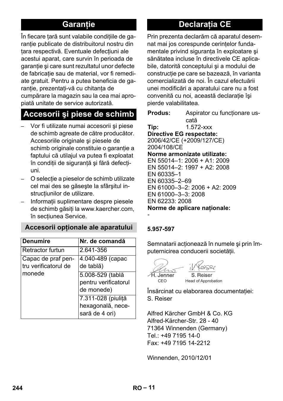 Garanţie accesorii şi piese de schimb, Declaraţia ce | Karcher SB V1 Eco User Manual | Page 244 / 356