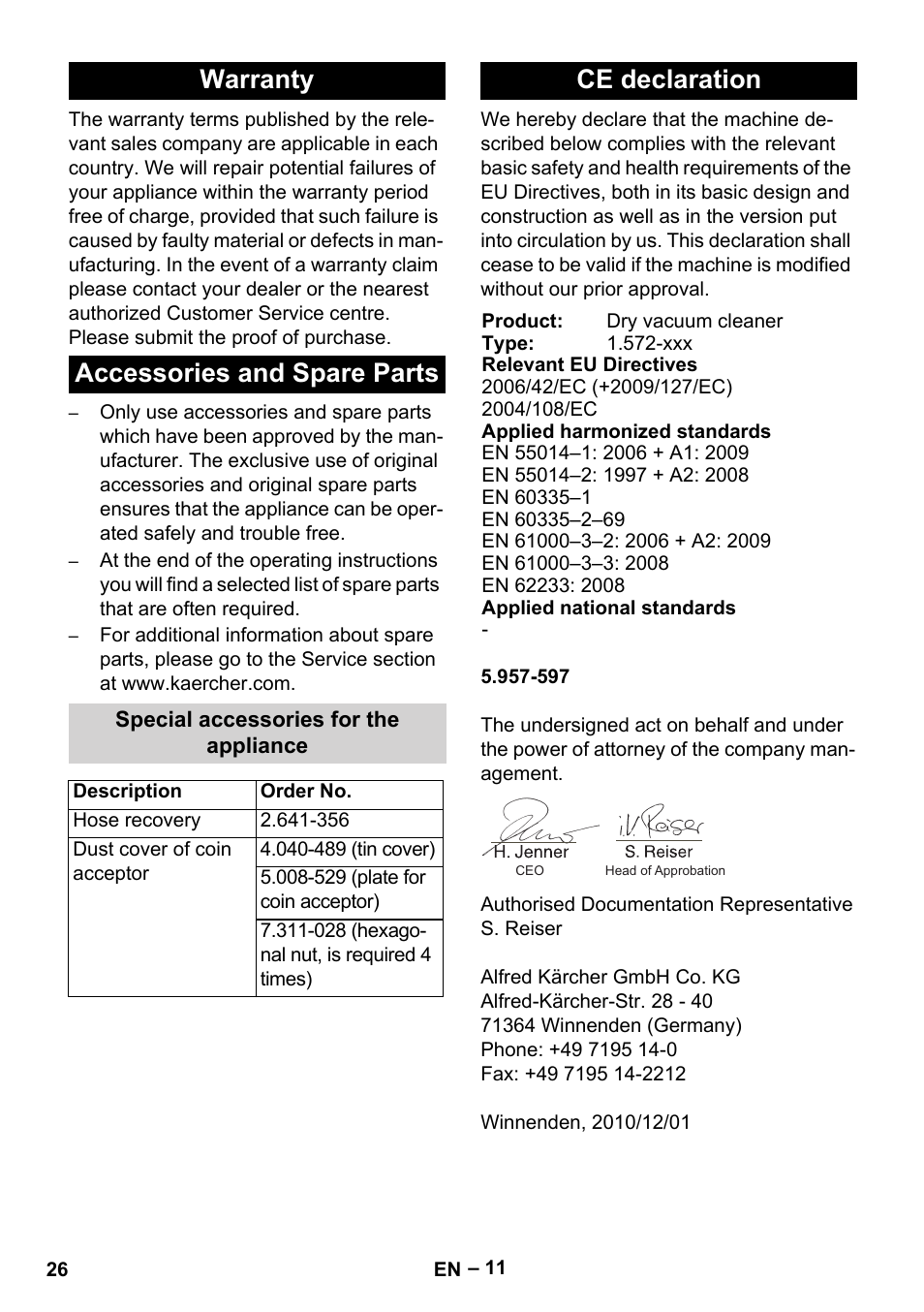Warranty accessories and spare parts, Ce declaration | Karcher SB V1 Eco User Manual | Page 26 / 356