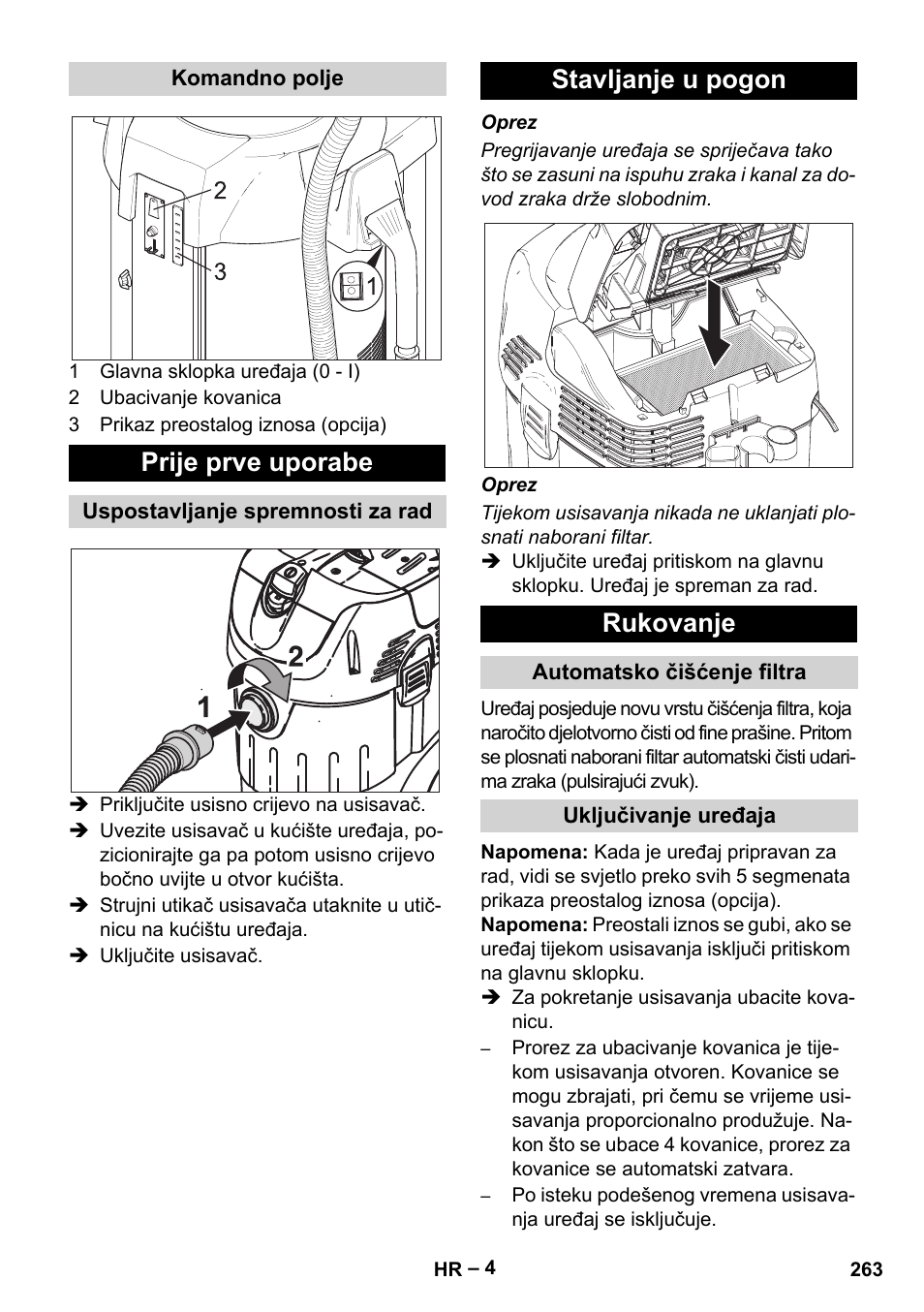 Prije prve uporabe, Stavljanje u pogon rukovanje | Karcher SB V1 Eco User Manual | Page 263 / 356
