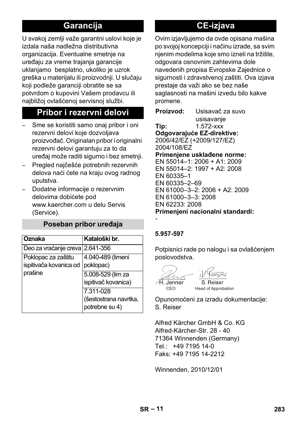 Garancija pribor i rezervni delovi, Ce-izjava | Karcher SB V1 Eco User Manual | Page 283 / 356