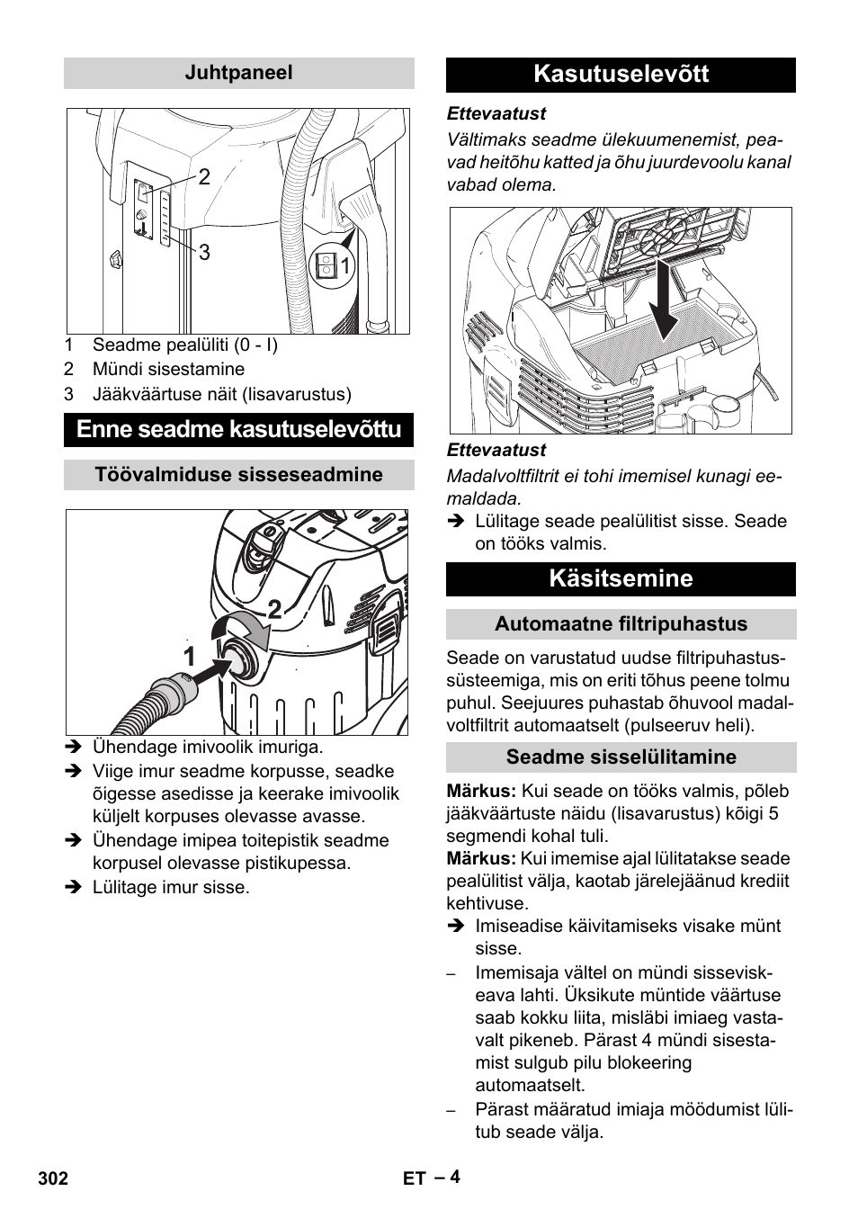 Enne seadme kasutuselevõttu, Kasutuselevõtt käsitsemine | Karcher SB V1 Eco User Manual | Page 302 / 356