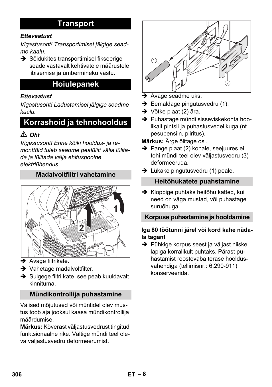 Transport hoiulepanek korrashoid ja tehnohooldus | Karcher SB V1 Eco User Manual | Page 306 / 356
