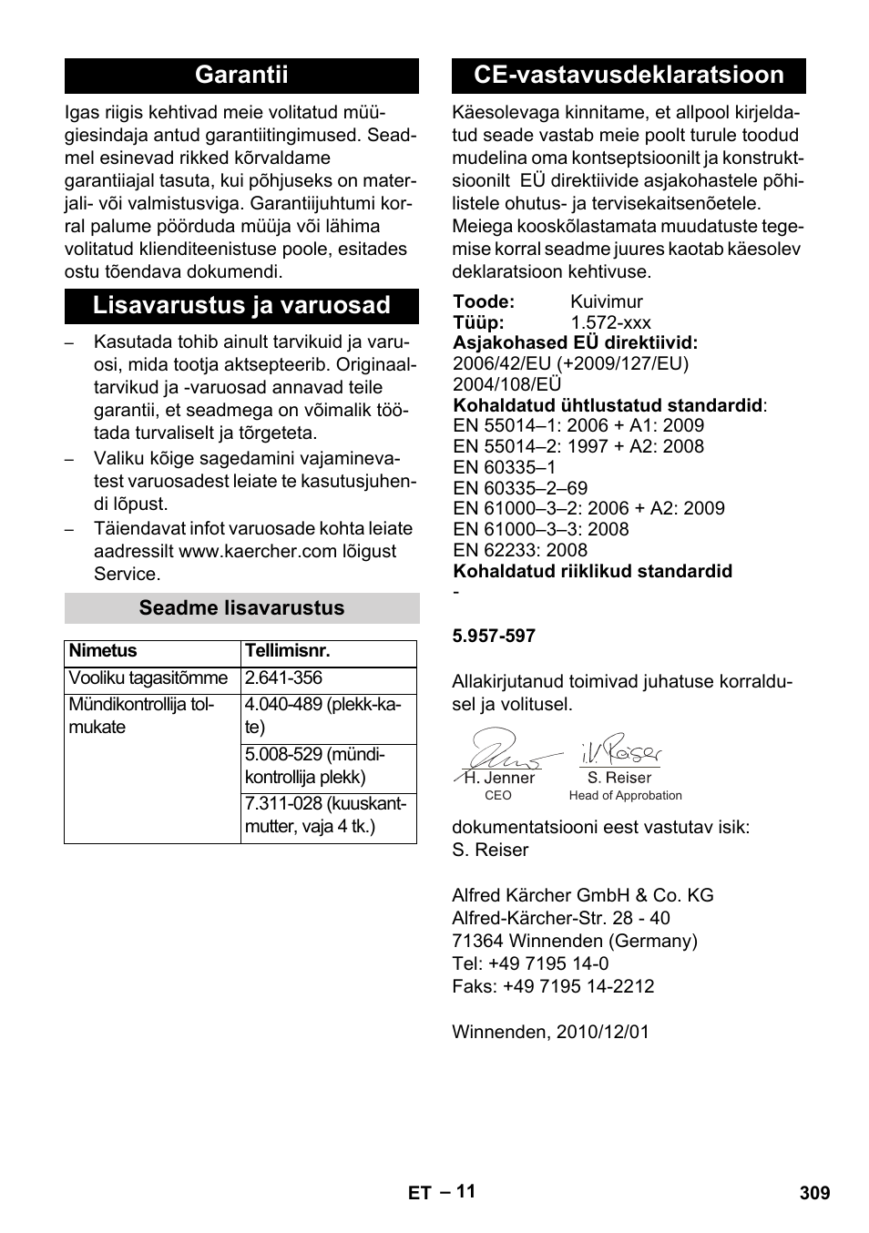 Garantii lisavarustus ja varuosad, Ce-vastavusdeklaratsioon | Karcher SB V1 Eco User Manual | Page 309 / 356