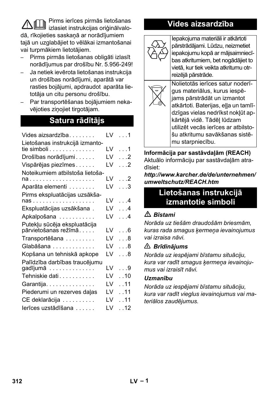 Latviešu, Satura rādītājs, Vides aizsardzība | Lietošanas instrukcijā izmantotie simboli | Karcher SB V1 Eco User Manual | Page 312 / 356