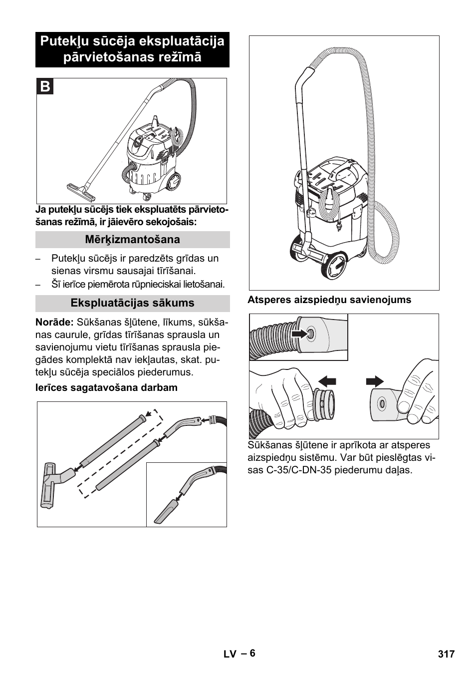 Putekļu sūcēja ekspluatācija pārvietošanas režīmā | Karcher SB V1 Eco User Manual | Page 317 / 356