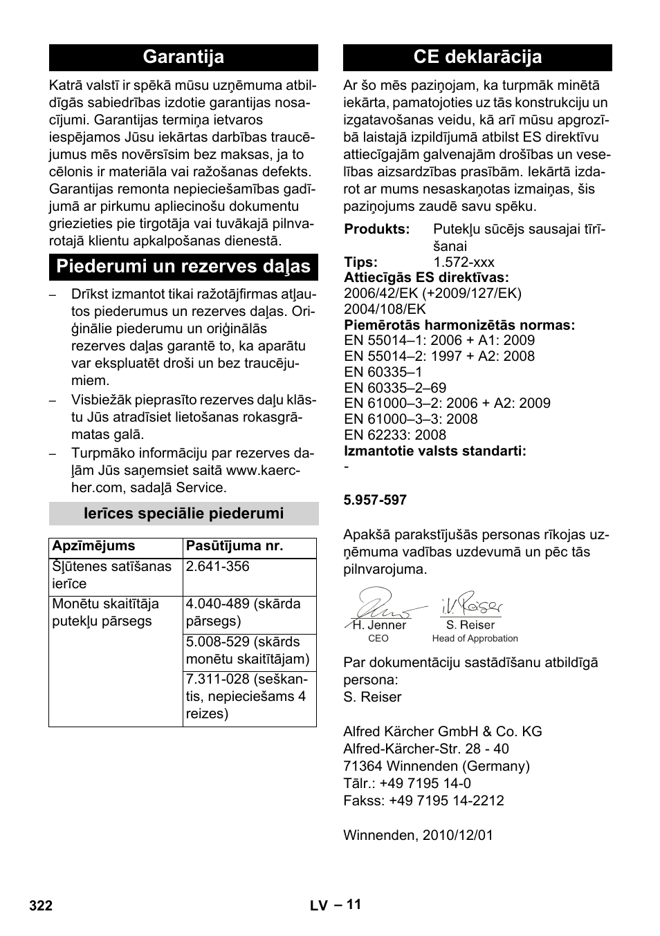 Garantija piederumi un rezerves daļas, Ce deklarācija | Karcher SB V1 Eco User Manual | Page 322 / 356