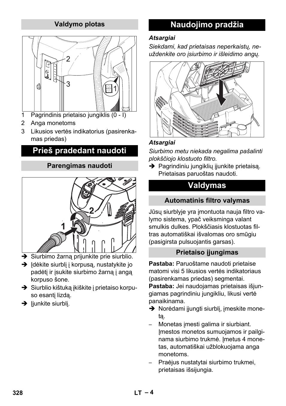 Prieš pradedant naudoti, Naudojimo pradžia valdymas | Karcher SB V1 Eco User Manual | Page 328 / 356