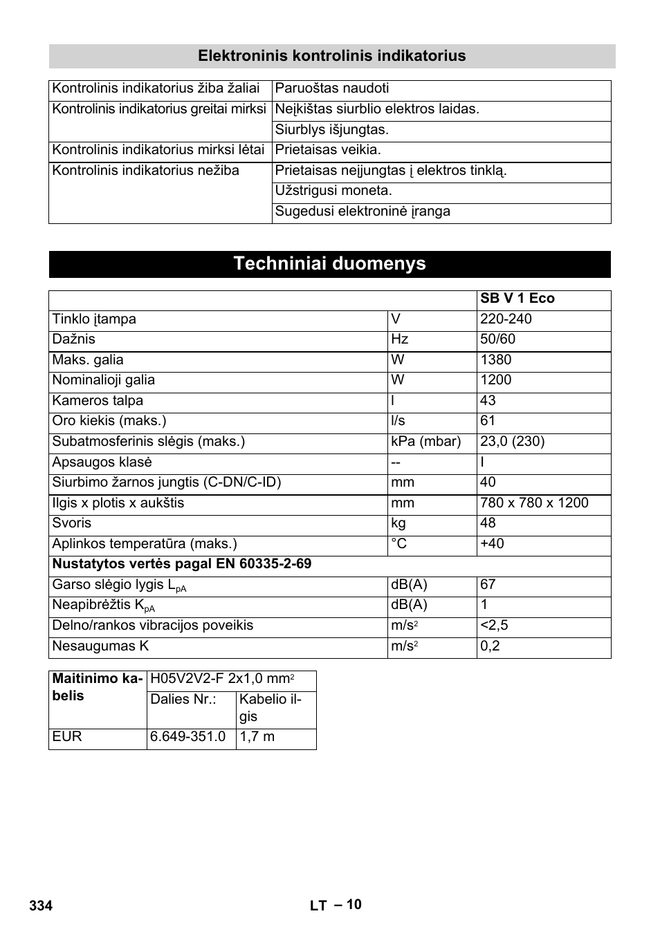 Techniniai duomenys | Karcher SB V1 Eco User Manual | Page 334 / 356