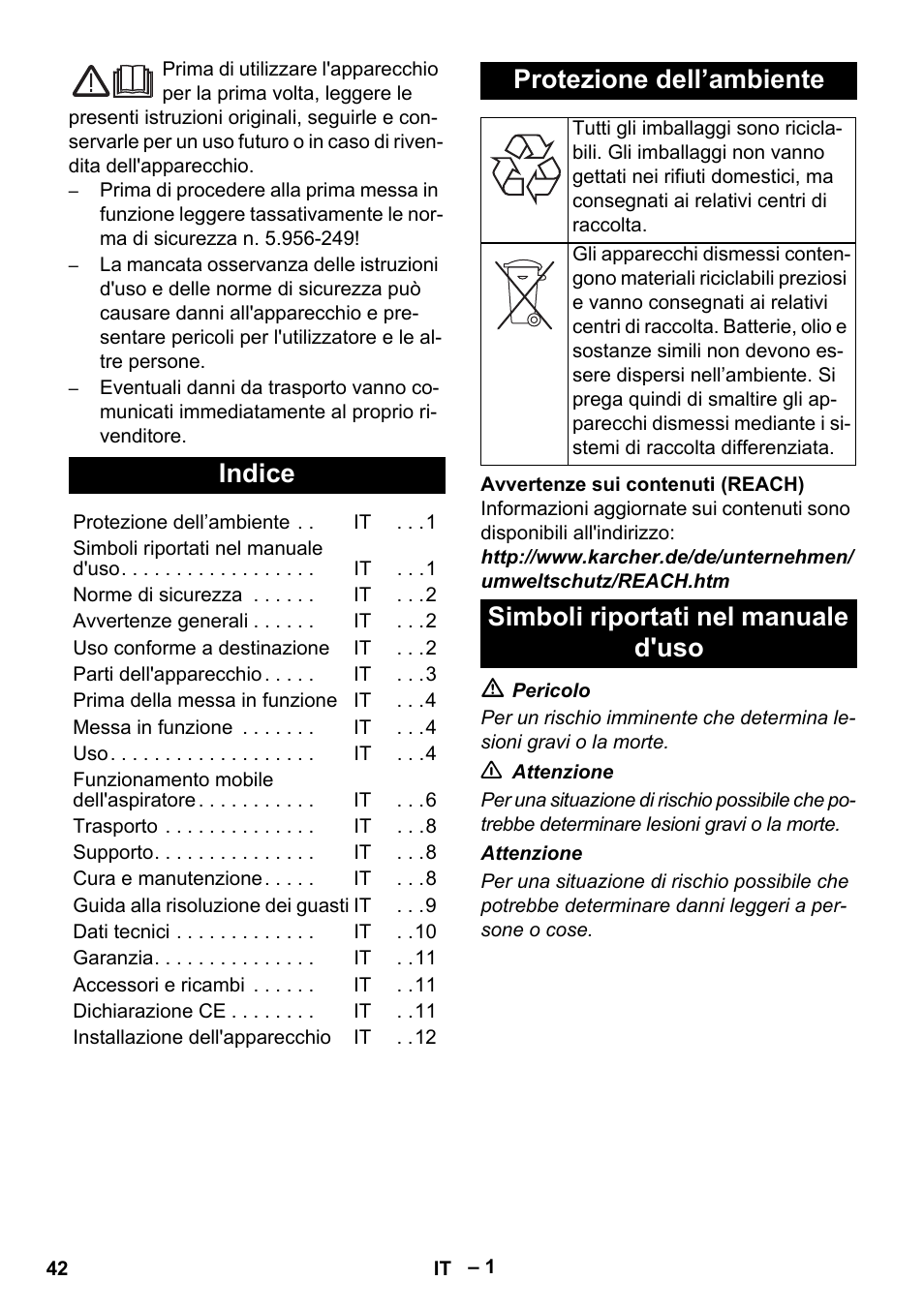 Italiano, Indice, Protezione dell’ambiente | Simboli riportati nel manuale d'uso | Karcher SB V1 Eco User Manual | Page 42 / 356
