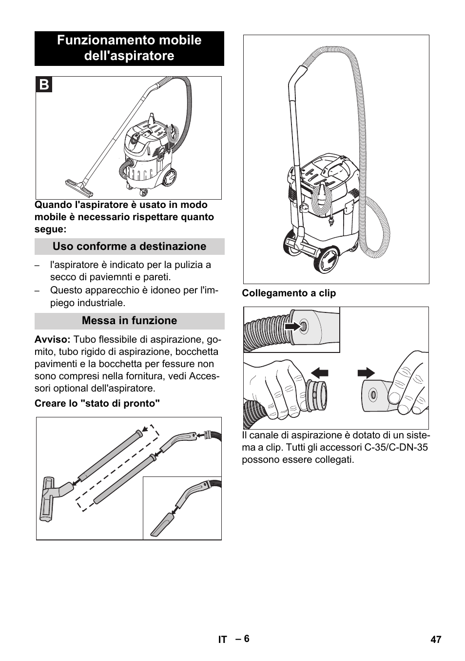 Funzionamento mobile dell'aspiratore | Karcher SB V1 Eco User Manual | Page 47 / 356