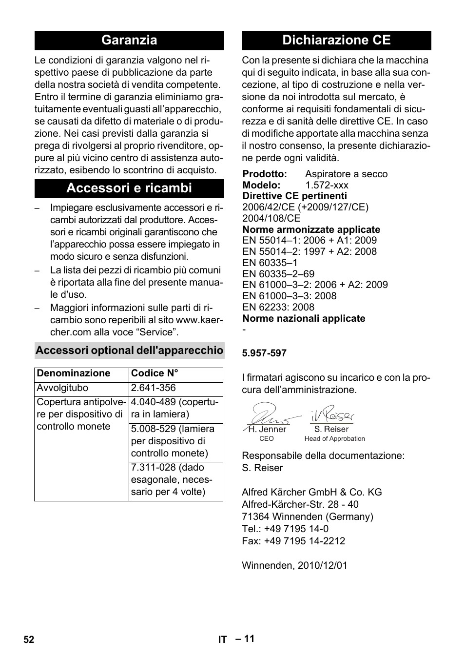 Garanzia accessori e ricambi, Dichiarazione ce | Karcher SB V1 Eco User Manual | Page 52 / 356