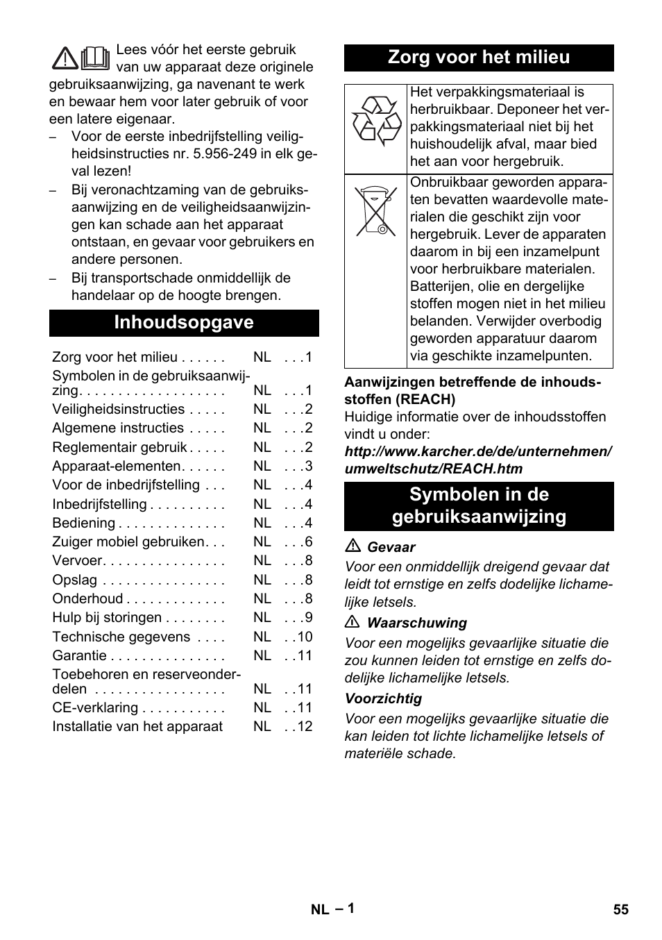 Nederlands, Inhoudsopgave, Zorg voor het milieu | Symbolen in de gebruiksaanwijzing | Karcher SB V1 Eco User Manual | Page 55 / 356