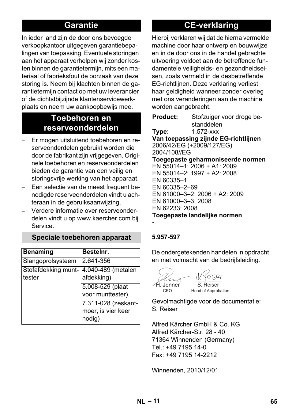 Garantie toebehoren en reserveonderdelen, Ce-verklaring | Karcher SB V1 Eco User Manual | Page 65 / 356