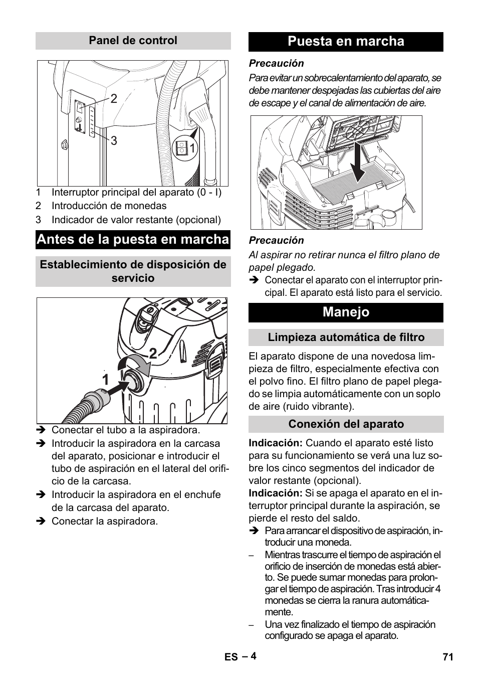 Antes de la puesta en marcha, Puesta en marcha manejo | Karcher SB V1 Eco User Manual | Page 71 / 356