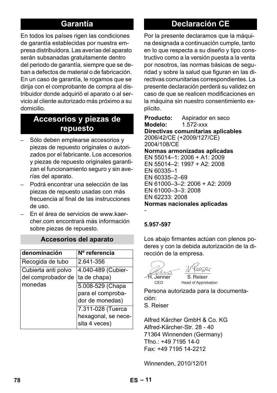 Garantía accesorios y piezas de repuesto, Declaración ce | Karcher SB V1 Eco User Manual | Page 78 / 356