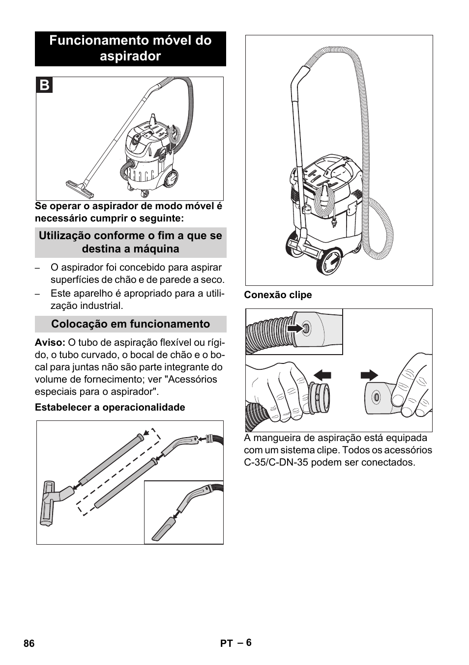 Funcionamento móvel do aspirador | Karcher SB V1 Eco User Manual | Page 86 / 356