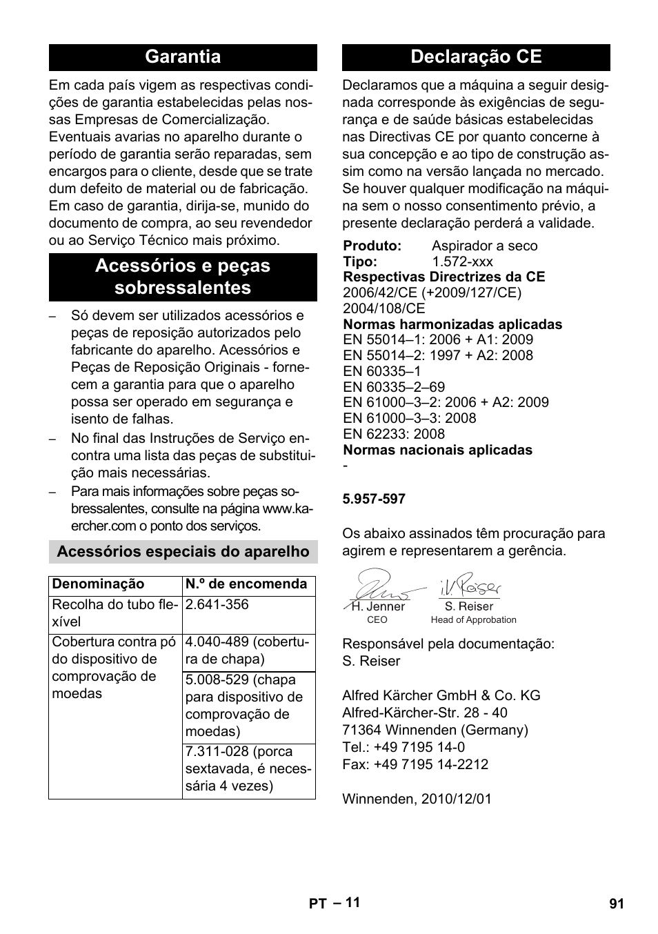 Garantia acessórios e peças sobressalentes, Declaração ce | Karcher SB V1 Eco User Manual | Page 91 / 356
