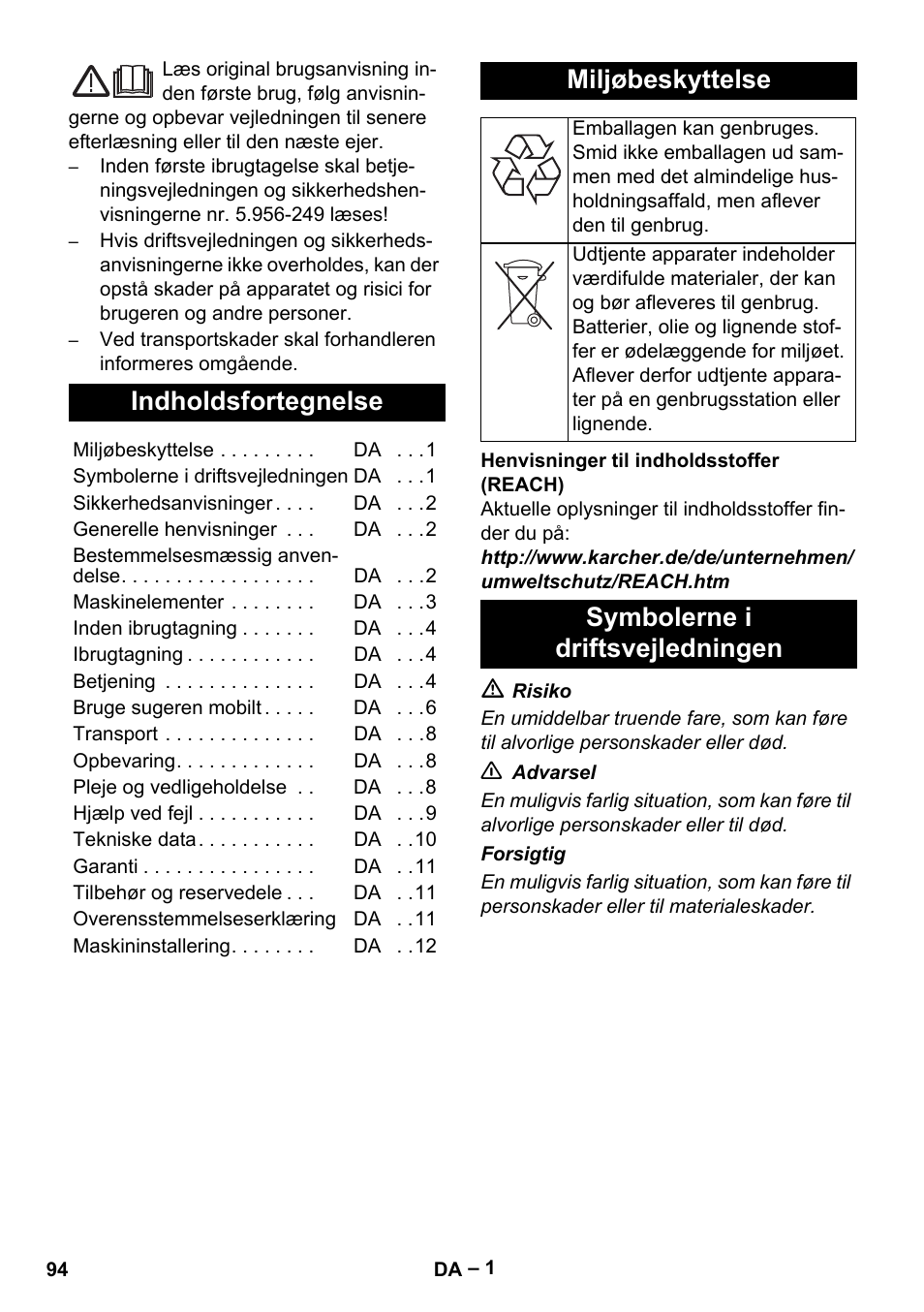 Dansk, Indholdsfortegnelse, Miljøbeskyttelse | Symbolerne i driftsvejledningen | Karcher SB V1 Eco User Manual | Page 94 / 356