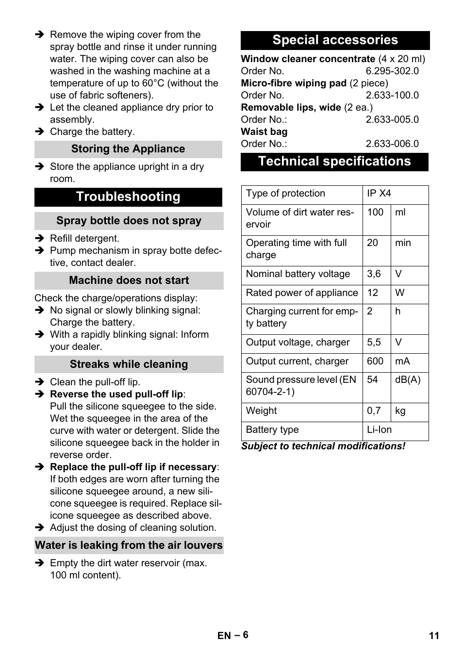Troubleshooting, Special accessories technical specifications | Karcher WV 50 Plus User Manual | Page 11 / 152