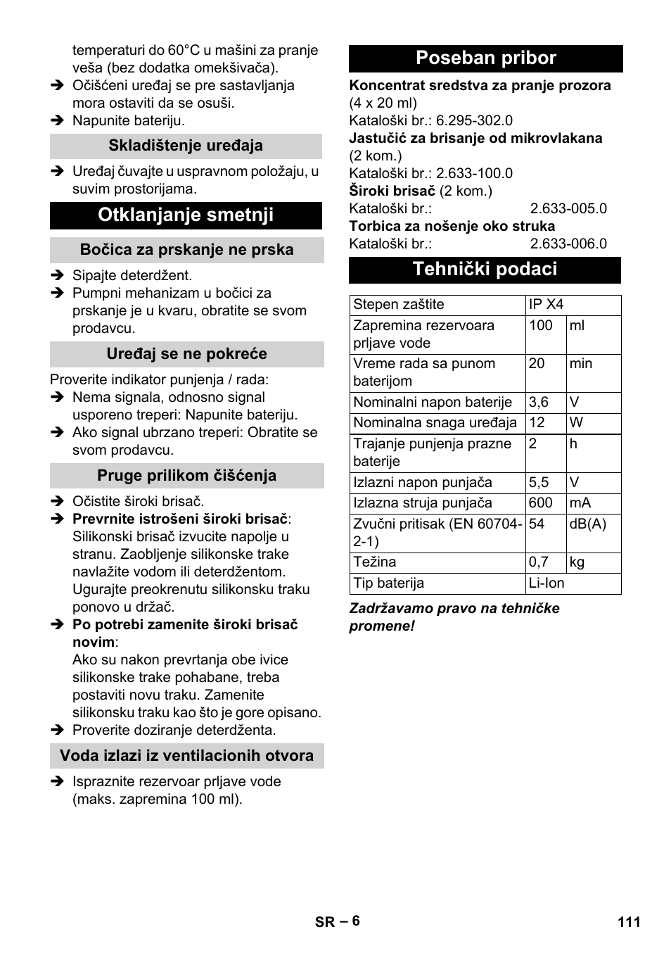 Otklanjanje smetnji, Poseban pribor tehnički podaci | Karcher WV 50 Plus User Manual | Page 111 / 152