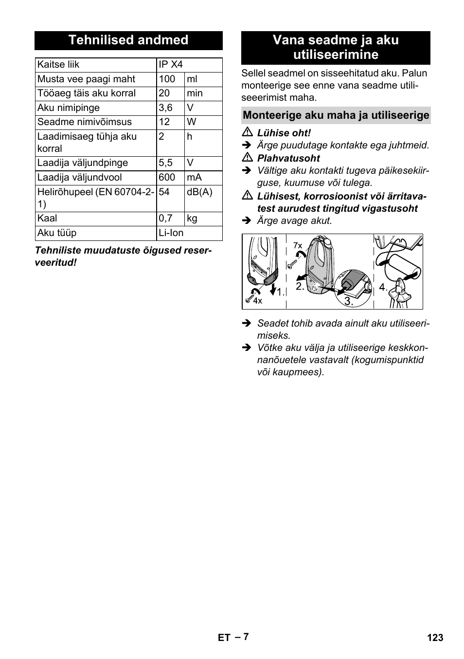 Tehnilised andmed, Vana seadme ja aku utiliseerimine | Karcher WV 50 Plus User Manual | Page 123 / 152