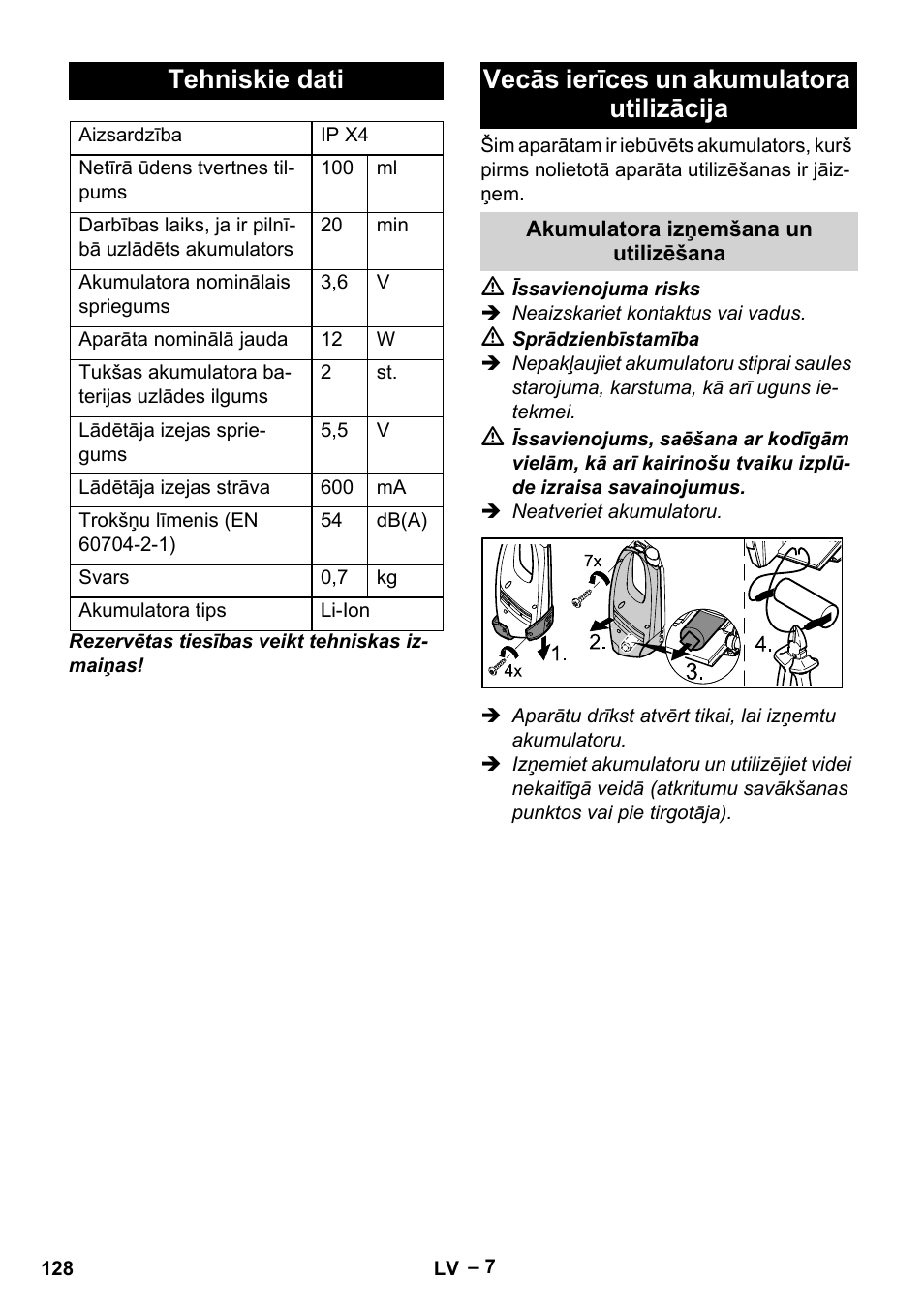 Tehniskie dati, Vecās ierīces un akumulatora utilizācija | Karcher WV 50 Plus User Manual | Page 128 / 152