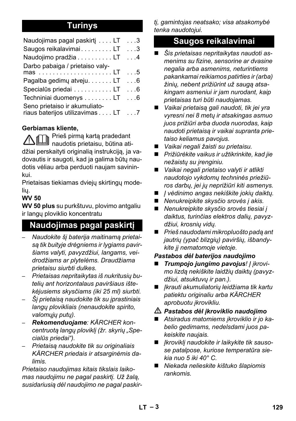 Lietuviškai, Turinys, Naudojimas pagal paskirtį saugos reikalavimai | Karcher WV 50 Plus User Manual | Page 129 / 152