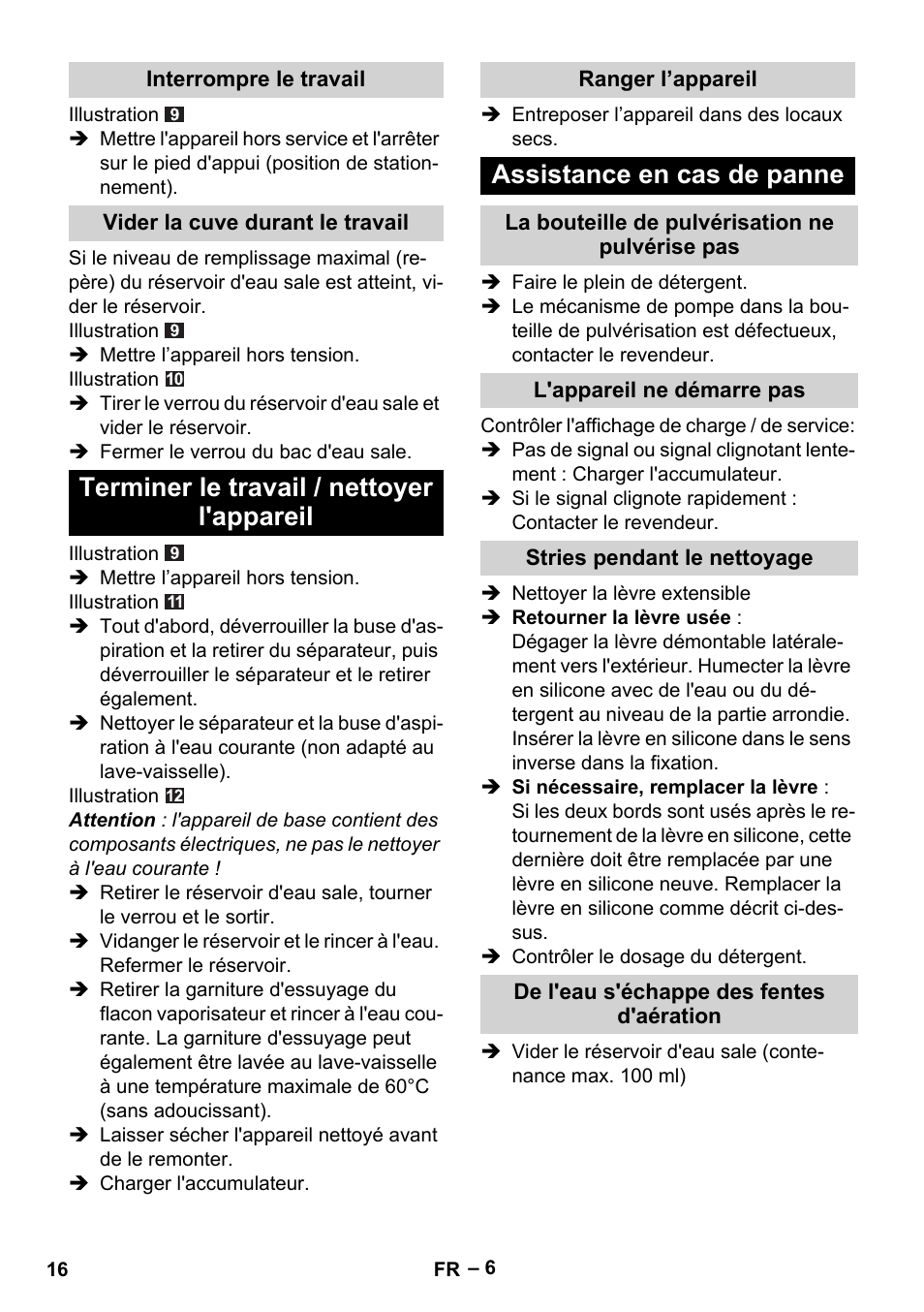 Terminer le travail / nettoyer l'appareil, Assistance en cas de panne | Karcher WV 50 Plus User Manual | Page 16 / 152