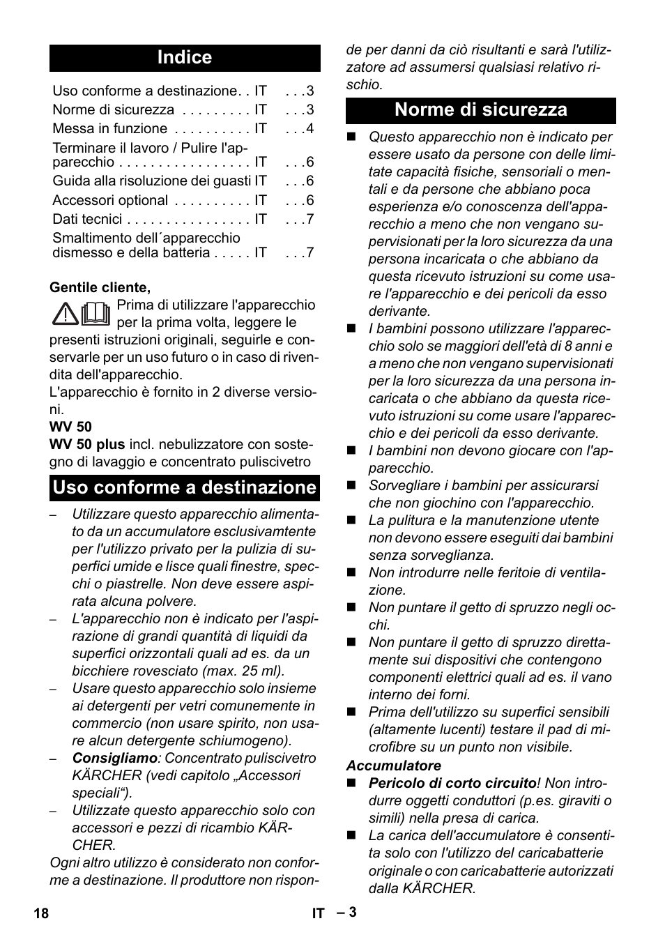 Italiano, Indice, Uso conforme a destinazione norme di sicurezza | Karcher WV 50 Plus User Manual | Page 18 / 152