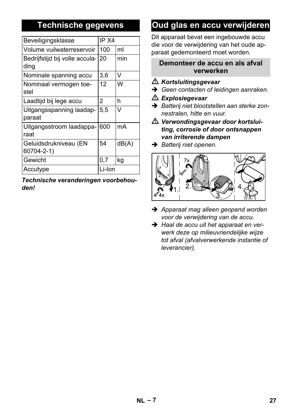 Technische gegevens, Oud glas en accu verwijderen | Karcher WV 50 Plus User Manual | Page 27 / 152
