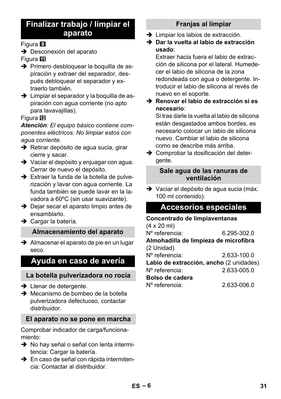 Finalizar trabajo / limpiar el aparato, Ayuda en caso de avería, Accesorios especiales | Karcher WV 50 Plus User Manual | Page 31 / 152