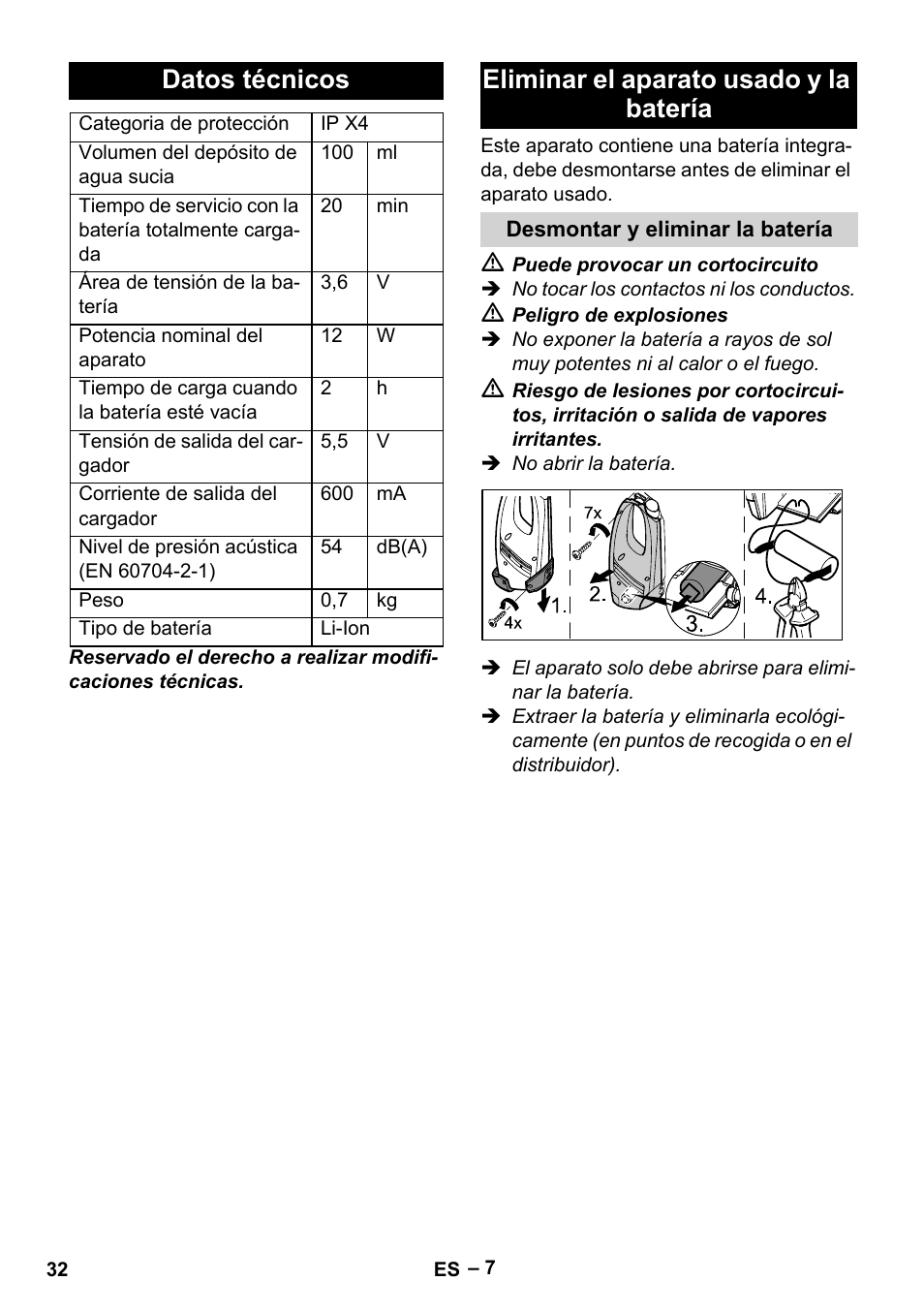 Datos técnicos, Eliminar el aparato usado y la batería | Karcher WV 50 Plus User Manual | Page 32 / 152