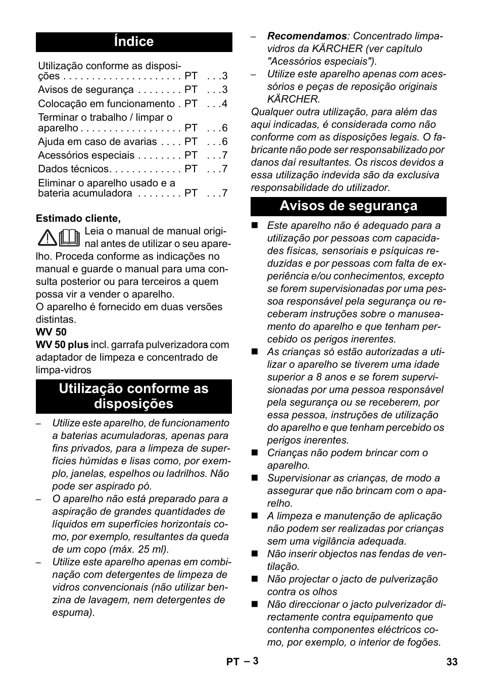 Português, Índice | Karcher WV 50 Plus User Manual | Page 33 / 152