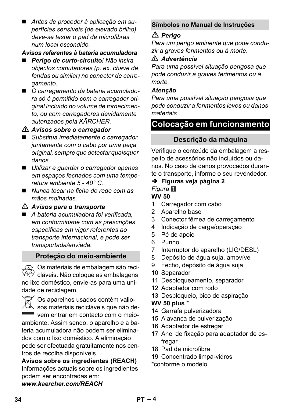Colocação em funcionamento | Karcher WV 50 Plus User Manual | Page 34 / 152